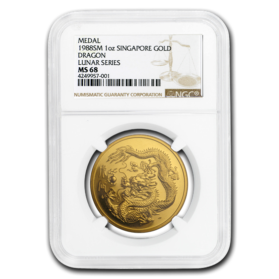 1988 Singapore 1 oz Gold 100 Singold Dragon MS-68 NGC 1988 Singapore 1 oz Gold 100 Singold Dragon MS-68 NGC